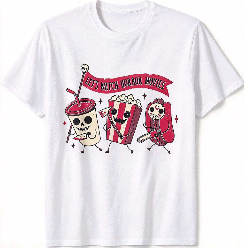 2026 Cute Horror Movie Snack Cartoon Crew Neck Tshirt Vintage Food Character Graphic Casual Short Sleeve Top Unisex Unisex