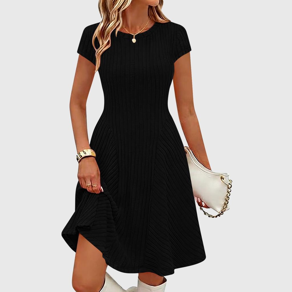 Women's Ribbed Knit Short Sleeve Round Neck Midi Dress Casual Swing Fit a Line Sundress
