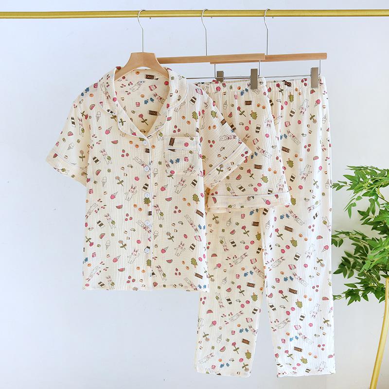 Women's Spring/Summer Pajama Set 100% Cotton Crepe Short Sleeves+Shorts+Pants Three Piece Thin Home Furnishings Pajama