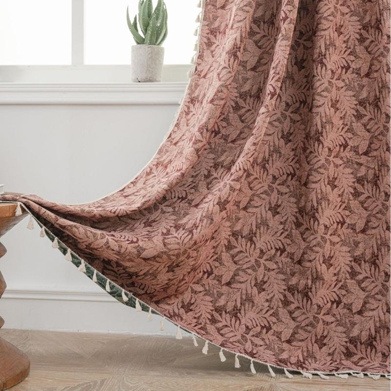 

Американские хлопково-льняные шторы Красная праздничная жаккардовая штора с бахромой Готовая кухонная ламбрекен Спальня Гостиная Полузатеняющая W150 x H160cm&Rod Pocket