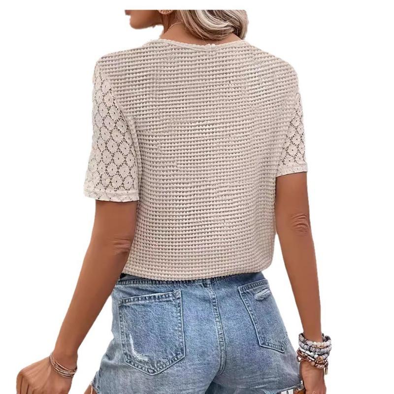 Summer New Lace Splicing Short-sleeved V-neck Hollow Casual Casual Versatile T-shirt