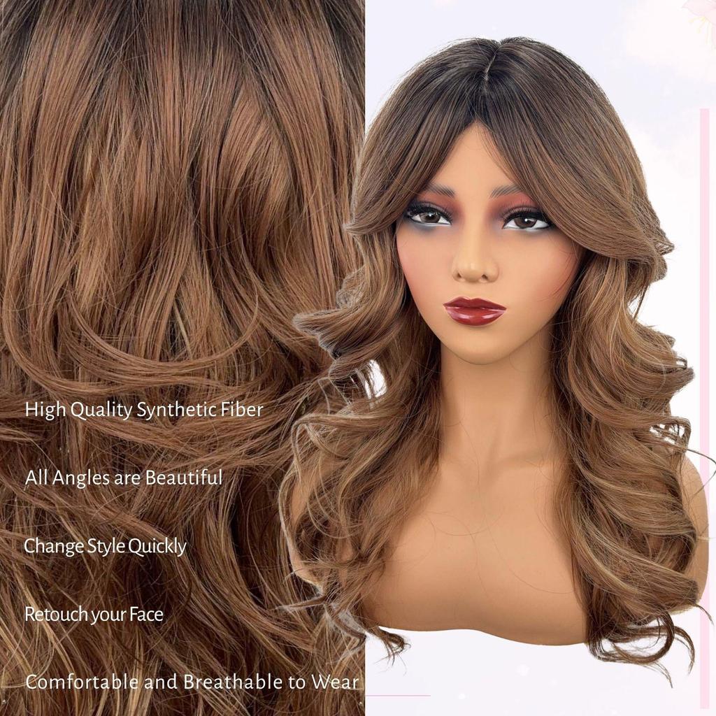 Gradient Brown Fashion Bangs Natural Curly Medium-Length Wig