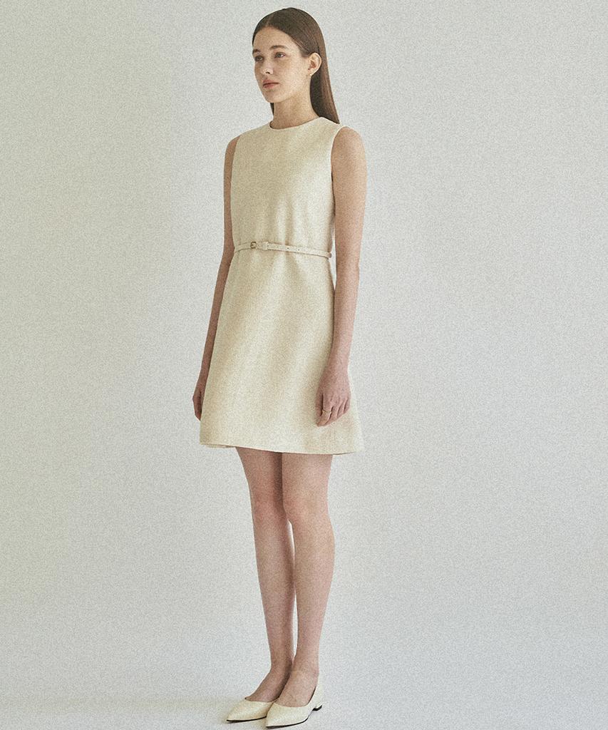 Kkeulle Belted Cotton Tweed Dress_Ivory