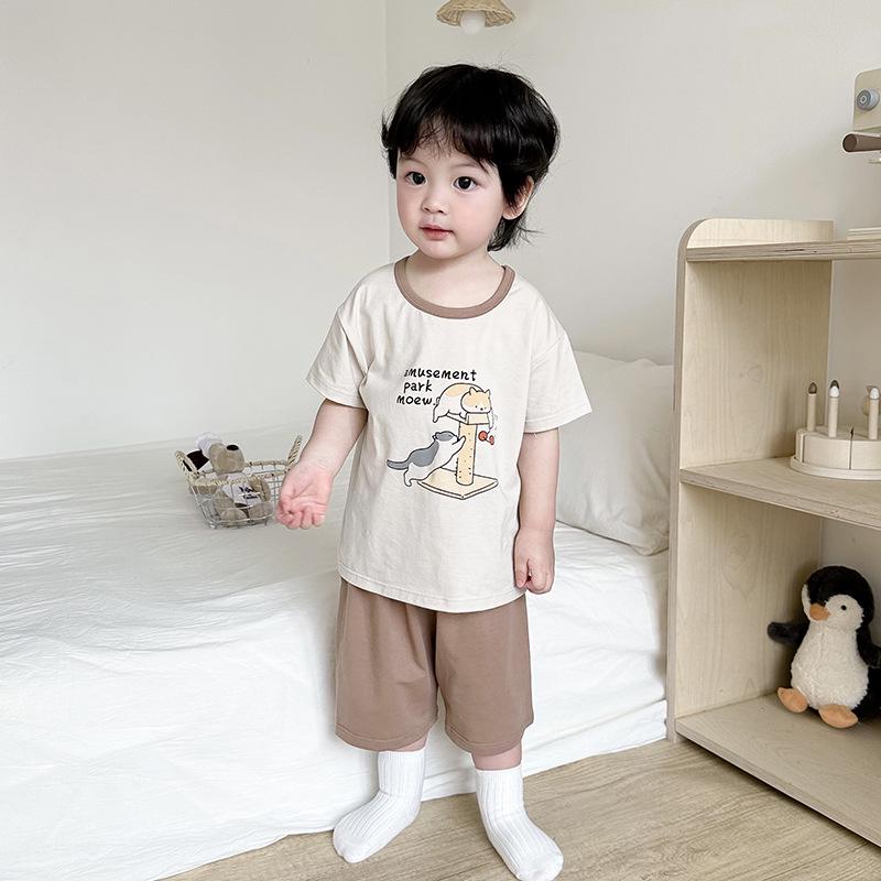 Girls' Summer Cotton Pajama Set - Breathable Cartoon Shorts and Round Neck Top