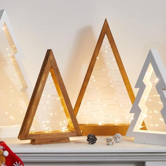2Pcs Wooden Christmas Tree Ornament with LED Light Farmhouse Rustic Glowing Xmas Tree Table Sign Home Office Desktop Triangle Decoration