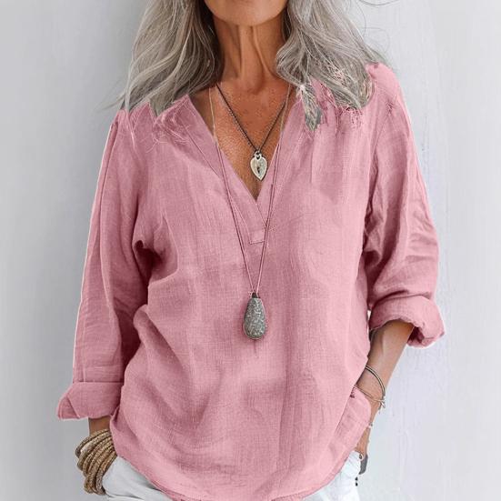 Women Shirt V-neck Long Sleeve Solid Color Pullover Tops Loose Fit Casual Tee Shirt Work Office Vacation Daily Wear