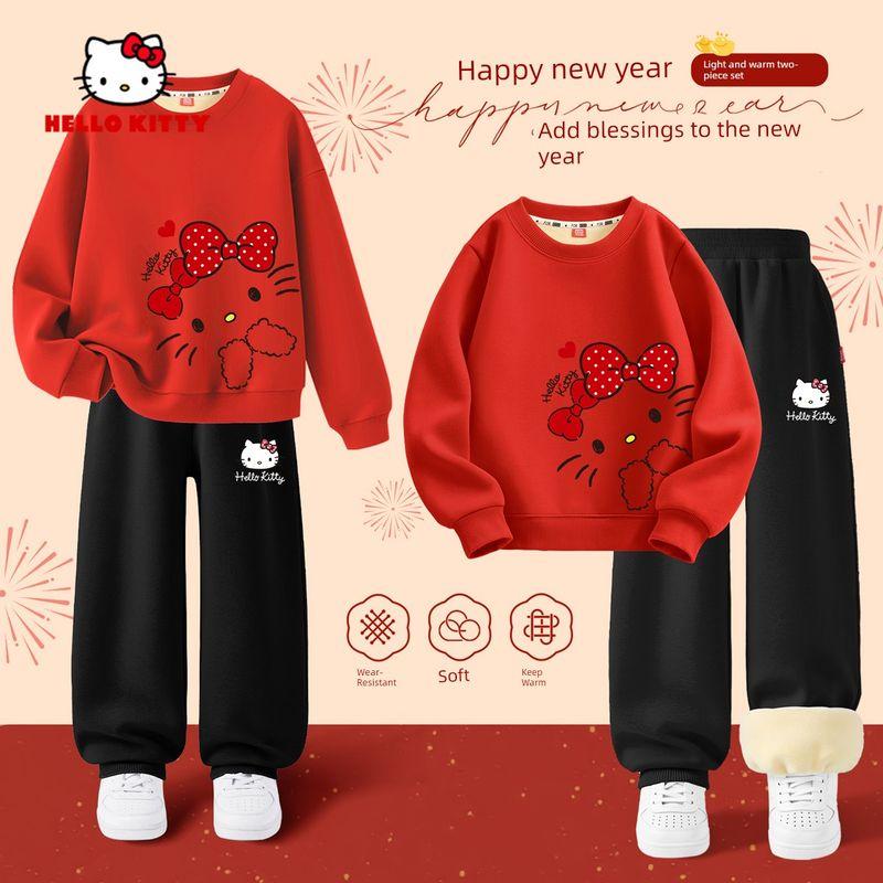 Hellokitty Children's Fleece Suit 2026 Girls' New Year Outfit Red Zodiac Year 12-Year-Old Girl Clothes