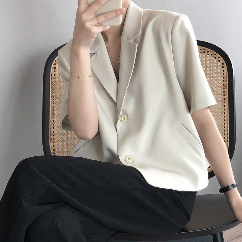 Summer Women Elegant Solid Suit Jackets Office Lady Short Sleeve Single Breasted Casual Blazer Casual Coat