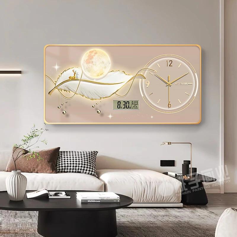 New perpetual calendar decorative painting light luxury feather wall clock living room hanging painting home electronic clock
