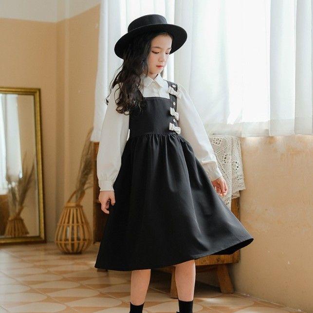 

Платье для девочек с длинными рукавами, из двух частей, на подтяжках - стильная юбка на весну/осень для детей 140 cm чёрный