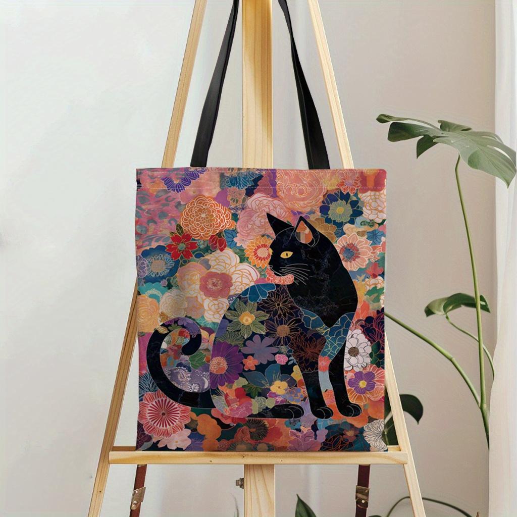 1pc Japanese Cute Cat & Floral Print Tote Bag Durable Polyester for Women's Daily Shopping, Work, Vacation