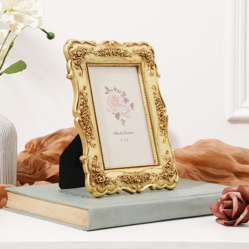 Antique Gold Carved Picture Frame With Ornate Florals Embossed For Wall Hanging Or Tabletop Decoration Photo Display