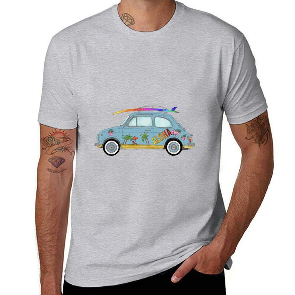 Fiat 500 with Surf Board T-Shirt Blanks Graphics Customs Heavyweight T Shirts for Men