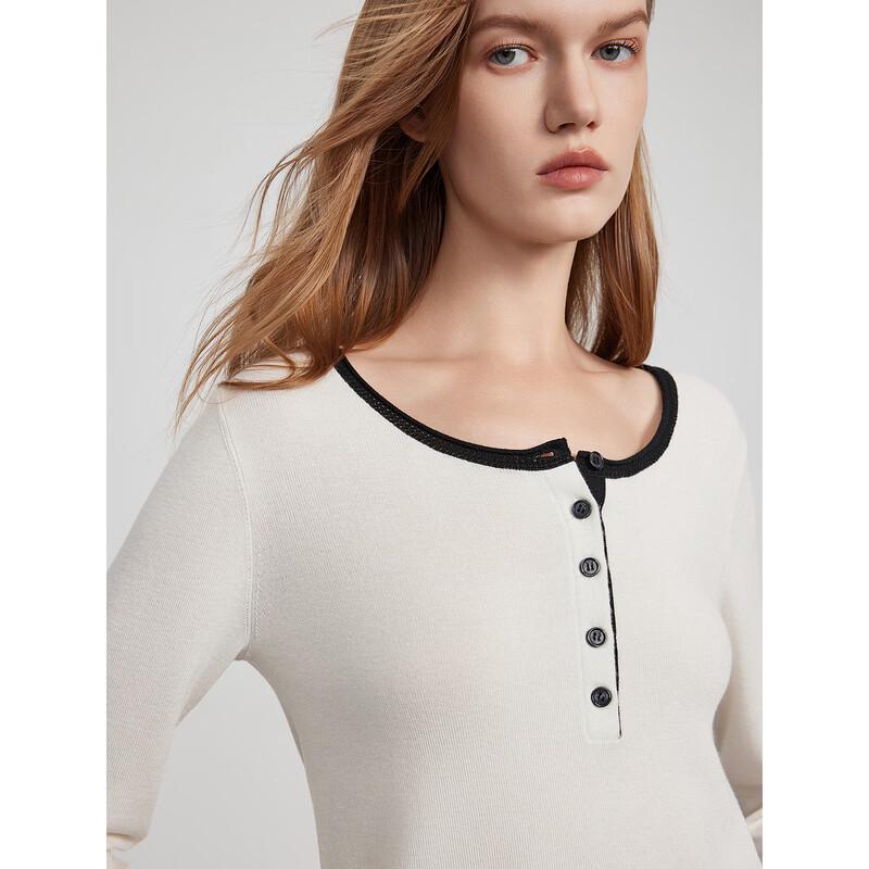 ELLE Women's Color Block Lambswool Henley Knit Sweater