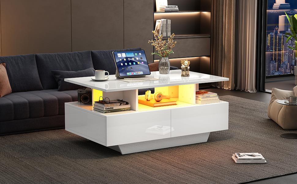 Modern High-Gloss Coffee Table with LED Lighting and 2 Drawers – Stylish 90x55x41 cm Side Table with Storage, Load Capacity up to 30 kg