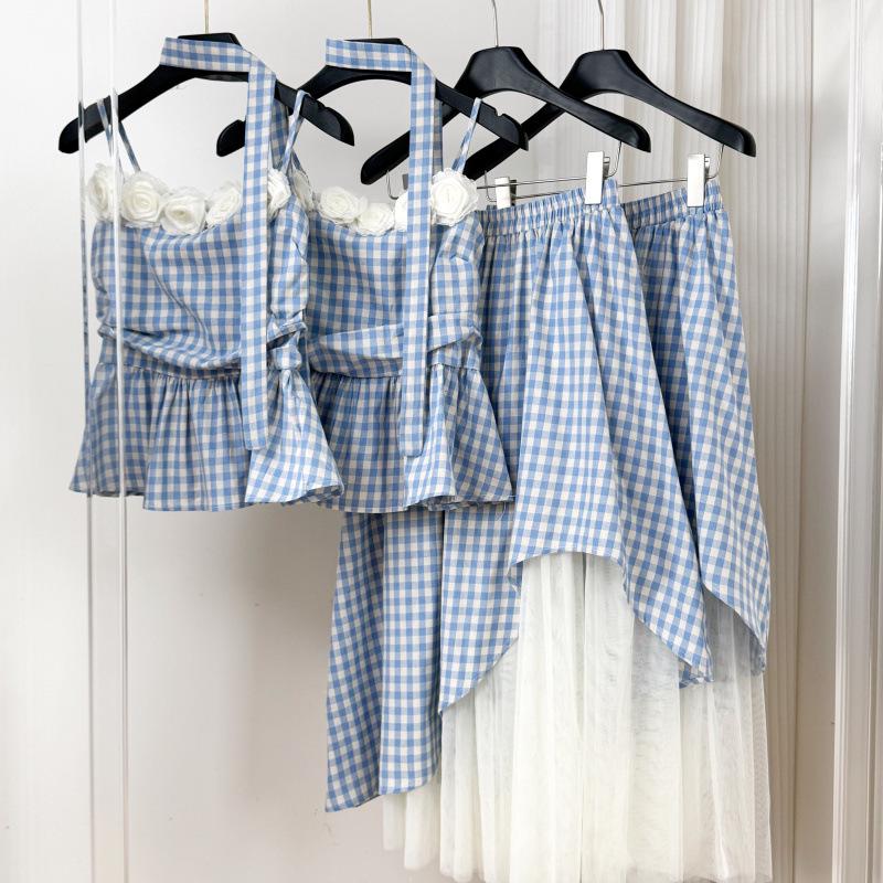 Women's Summer 2025 Floral Checkered Camisole & Irregular Midi Skirt Set