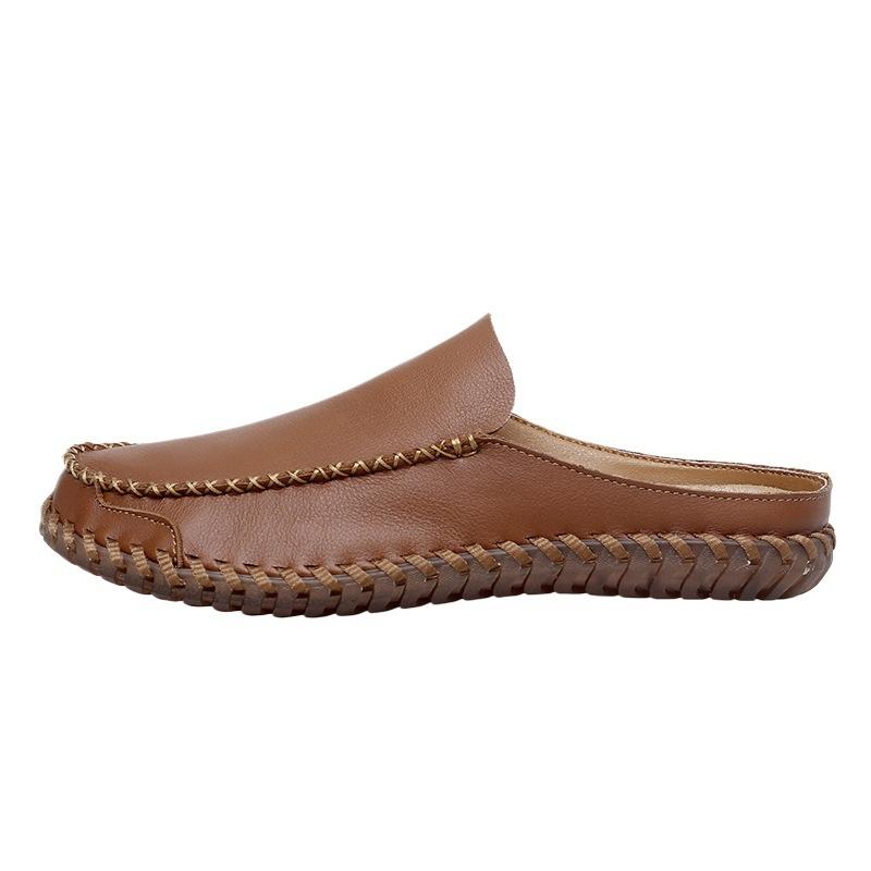 Large Size Men's Slippers Wear Half Slippers Outside, First Layer Leather, Summer Breathable Fashion Trendy Shoes Bag Head Casual Shoes