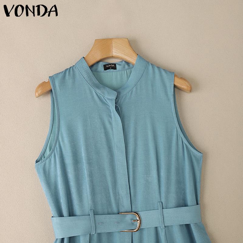 VONDA Summer Women Sleeveless Belt Waist Casual Pleated Dress
