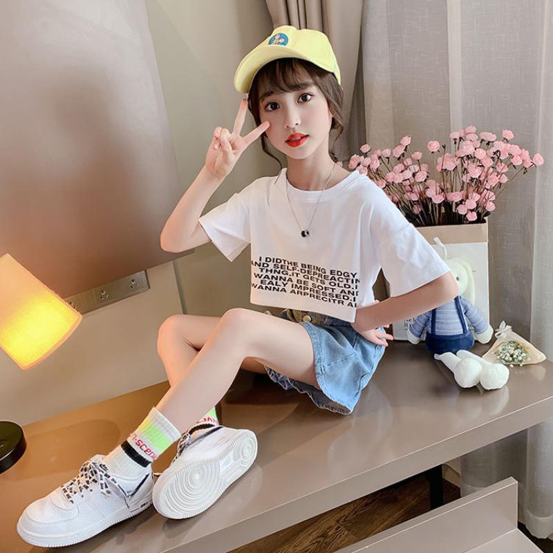 Girls Suits Clothing Set Summer Spring High Waist Denim Shorts Printing Letter Middle Sleeve Tops 2PCS Children Clothing Set