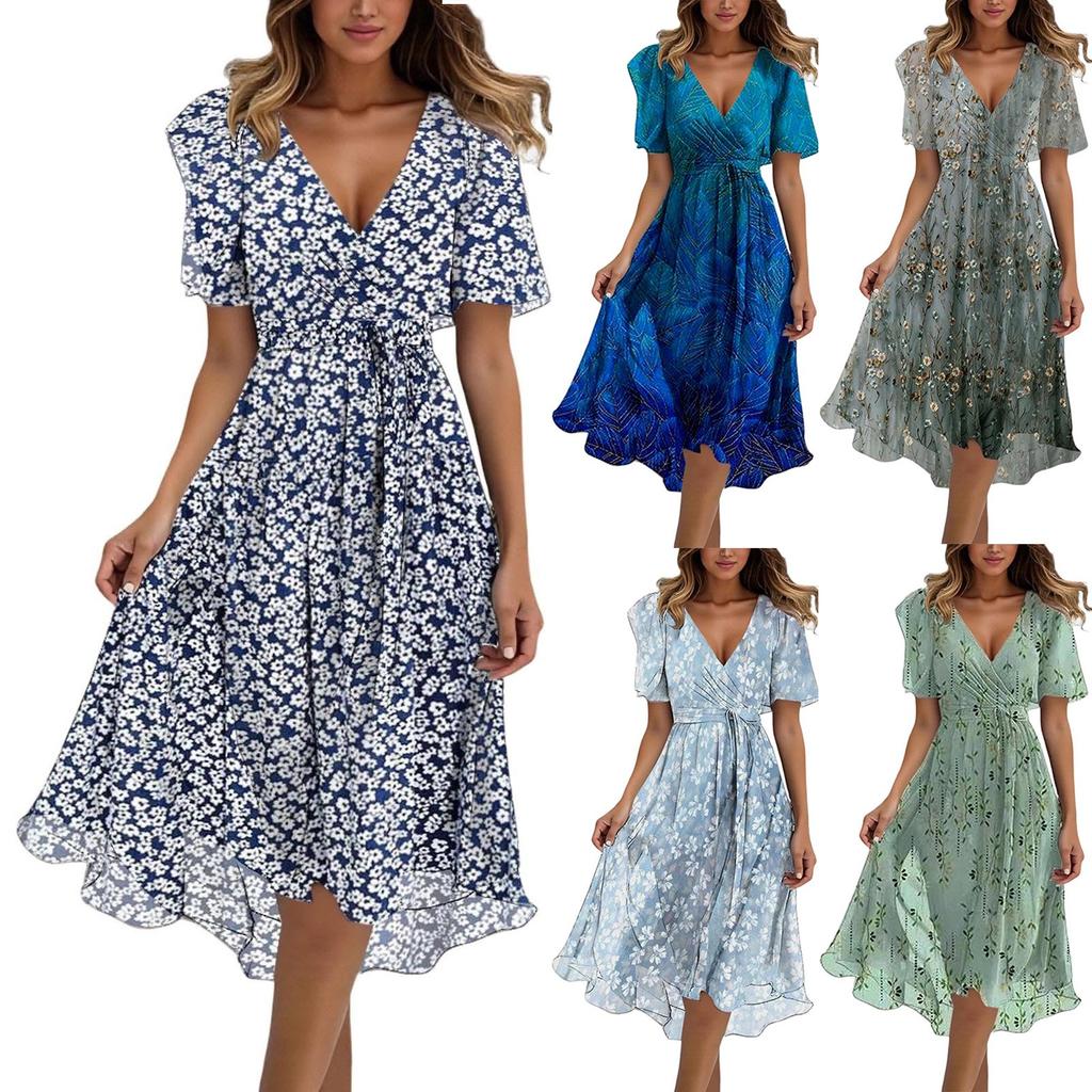 Dames avslappet og moteriktig trykket V-hals midjeinnstrammende A-linje glidelåskjole