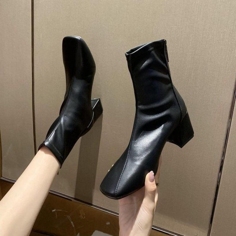 Fashion Autumn Winter Leather Waterproof Booties Square Toe Heeled Warm Woman Short Shoes New In Fashion 2025 Sale Ankle Boots for Women