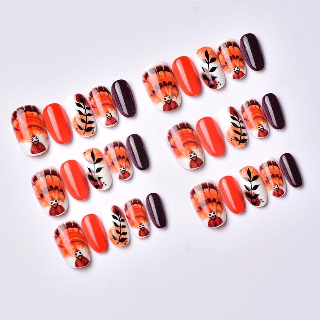 30pcs Thanksgiving Press on Nails Round Head Fake Nails Fall Cute Turkey Leave False Nail Short Glue on Nails with Colored Turkey Design Glossy