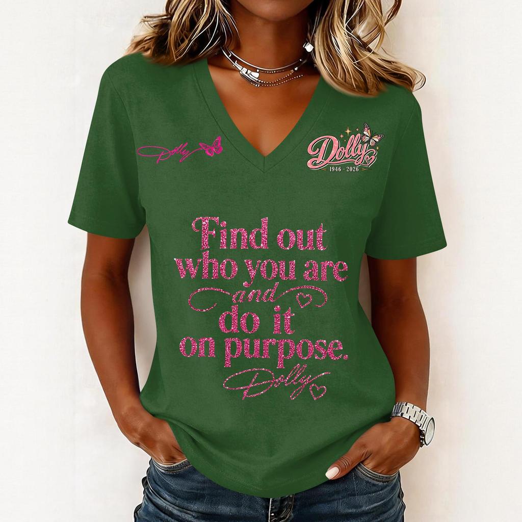 Women's Fashion Casual Letter Print V-Neck Short Sleeve Pullover Top