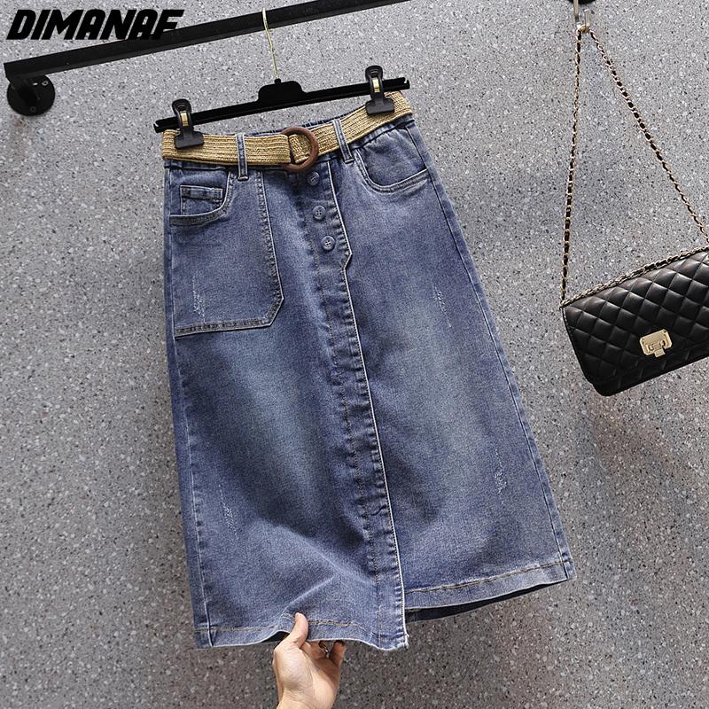DIMANAF Plus Size Summer 2026 Lady Denim Skirts Women Clothing Blue Fashion A-Line Jeans Skirt Belt Waist