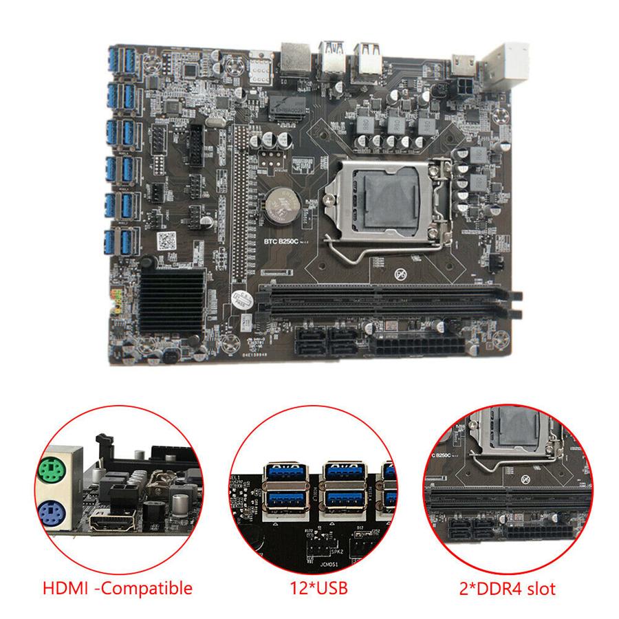 B250C Mining Motherboard with 12 PCIE Slots, Converted To USB 3.0 for GPU, LGA1151 GEN6 / 7, for Ddr4