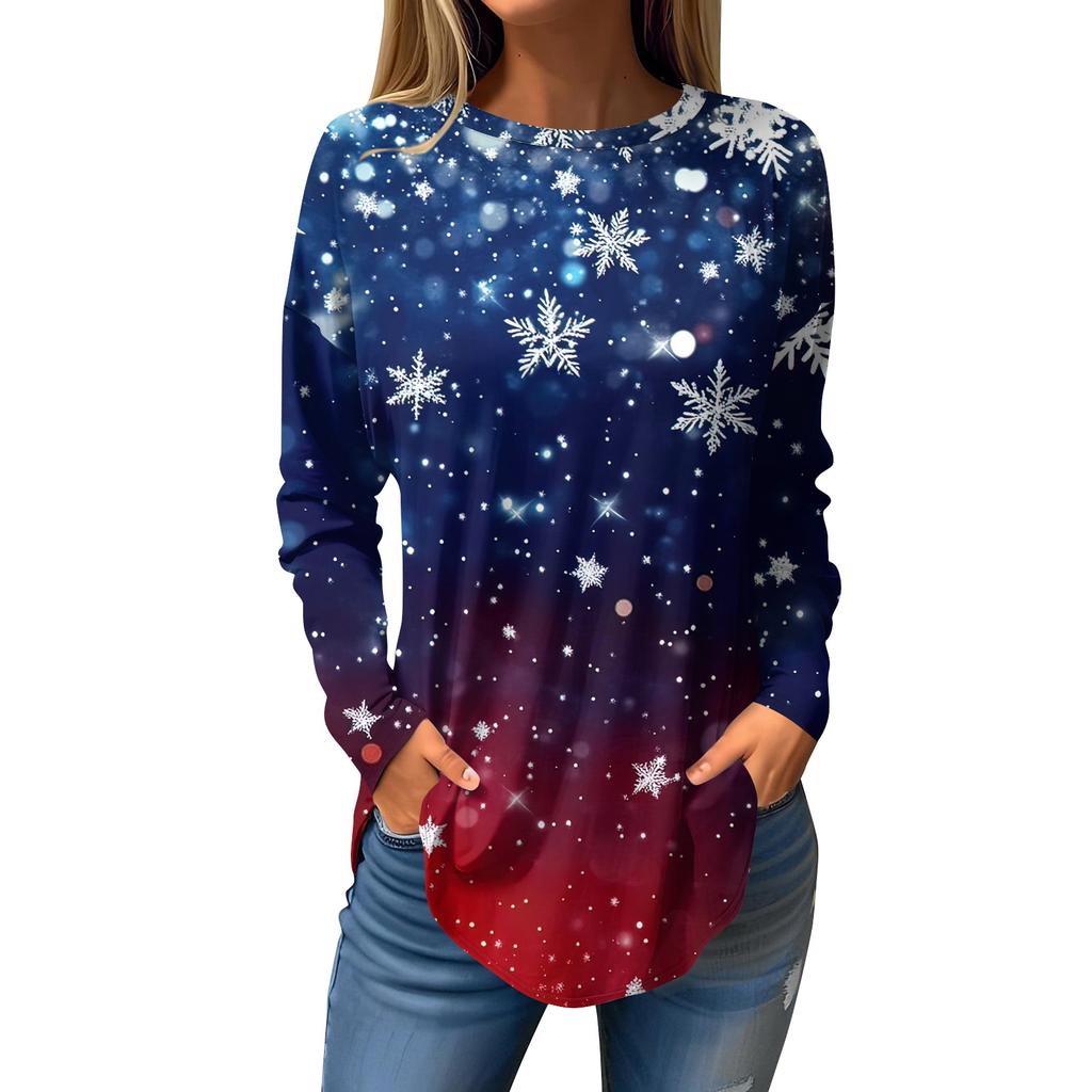Women's Loose Round Neck Christmas Print Long Sleeve T-Shirt Top Pullover