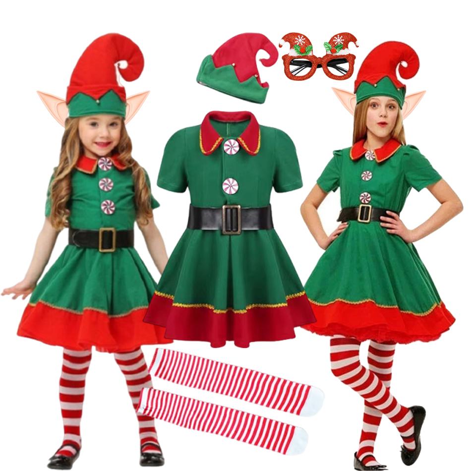 Girls Boys Christmas Elf Costume Xmas Santa Claus Green Elf Dress Kids Outfits Cosplay Clothing Xmas Gifts