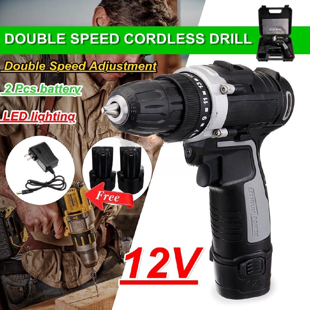 AC 100-240V 0-550r/min 0-1350r/min Cordless Drill Double Speed Adjustment LED Lighting 1/2Pcs Large Capacity Battery 35Nm 15-speed Torque Adjustment