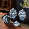 Blue & White Ceramic Tea Storage Jar - Retro Pottery Design, Moisture-Proof Seal