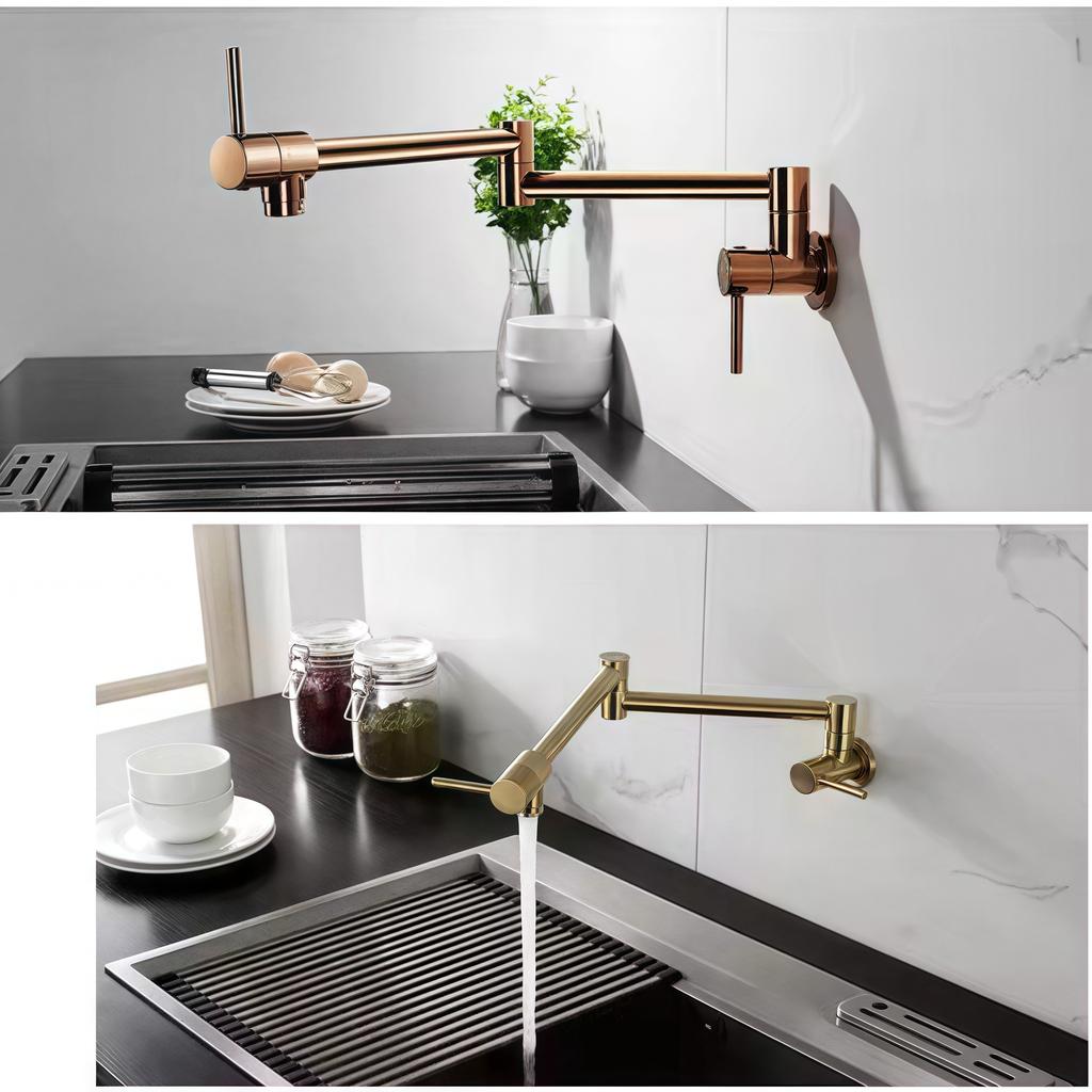 Solid Stainless Steel Wall-Mounted Kitchen Sink Faucet Dual Handle Pot Filler Single Hole Ceramic Valve Core for Hotels
