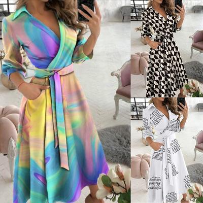 Fashion Printed Dress for Women Elegant Vintage V-neck Long Sleeve Length A-line Dress