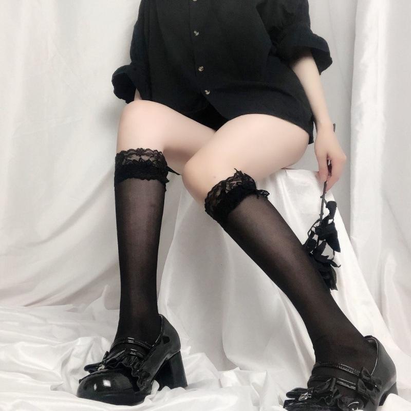 Japanese White Lace Trim Lolita Mid-Calf Stockings - Spring/Summer Transparent Design