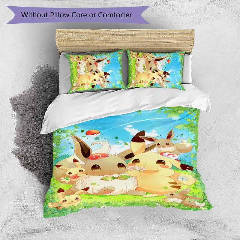 Pokémon Pattern Printed 3PCS Bedding Set, Soft Skin-Friendly Washable Duvet Cover & Pillowcases Set