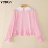 VONDA Women Lace Lapel Neck Long Sleeve Ruffled Pleating Casual Elegant Blouse
