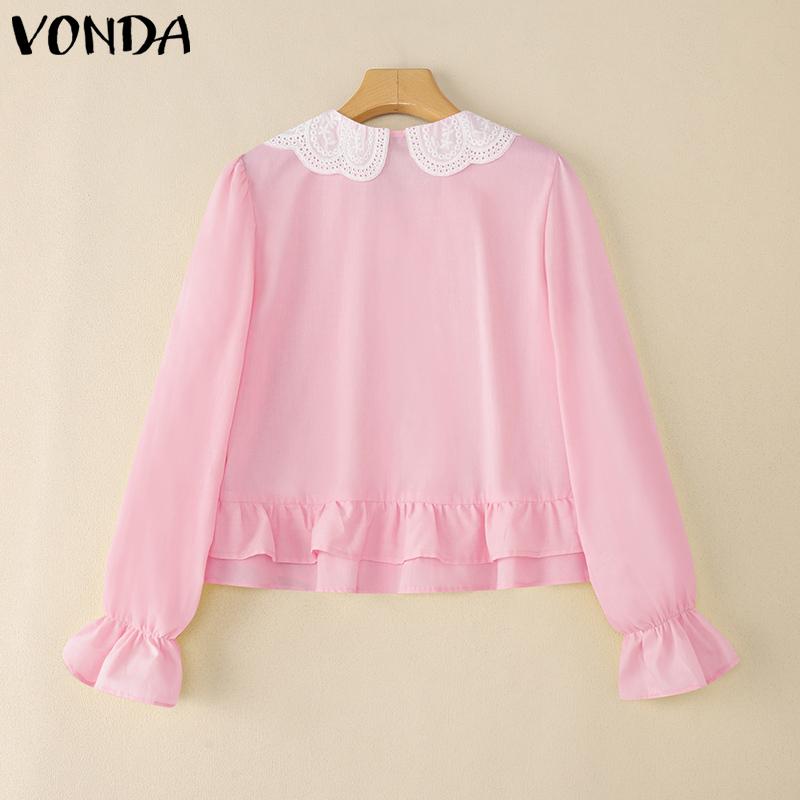 VONDA Women Lace Lapel Neck Long Sleeve Ruffled Pleating Casual Elegant Blouse