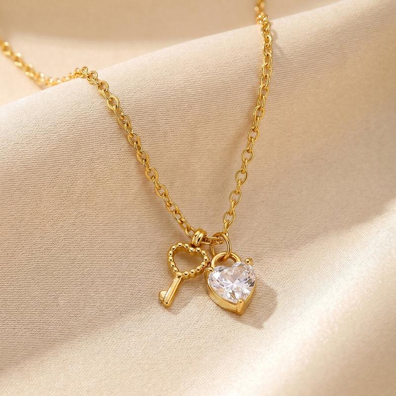 Lock and Key Heart Necklace for Women, Luxury Gold Plated Stainless Steel Zirconia Pendant, Valentine Gift