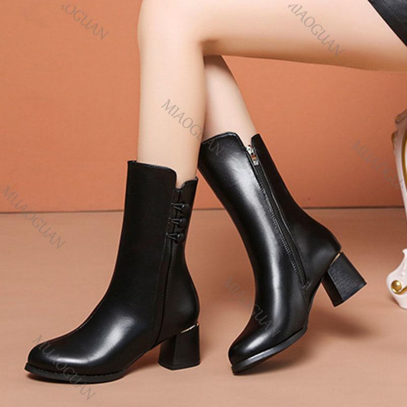 Fashion 2025 Autumn Winter New Cotton Short Boots for Women Chunky High Heeled Round Toe Side Zipper Botas Feminina Black Beige Botines
