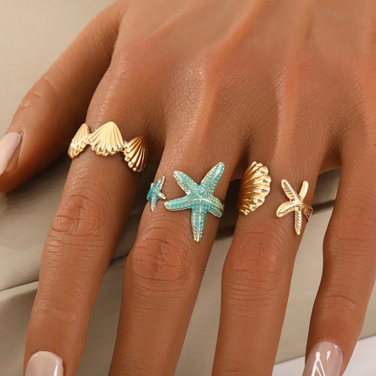 Bohemian Seashell  Starfish Beach Ring Set - 3 Pieces