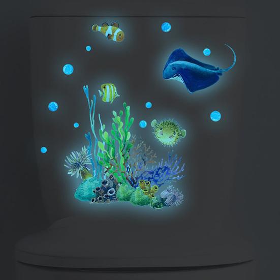 Glow In The Dark Toilet Sticker Under The Sea Toilet Seat Cover Sticker Sea Life Animals Removable Waterproof Peel