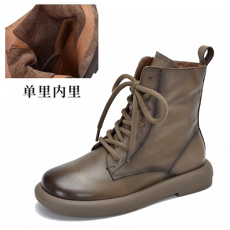 Short Boots Soft Leather Women's Round Head Lace-up High-top Boots Autumn and Winter Versatile Martin Boots Single Boots Women's Cotton Boots