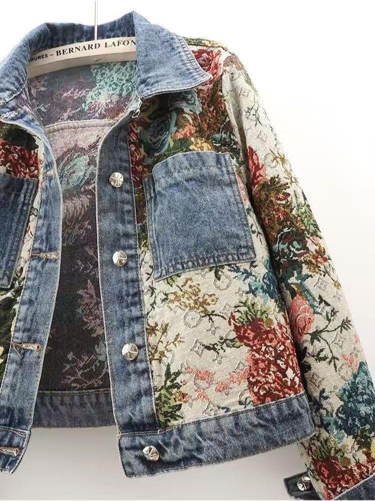 Giacca di jeans patchwork stampata versatile da donna Autunno 2025 - Modello Petite Corto, Manica Lunga