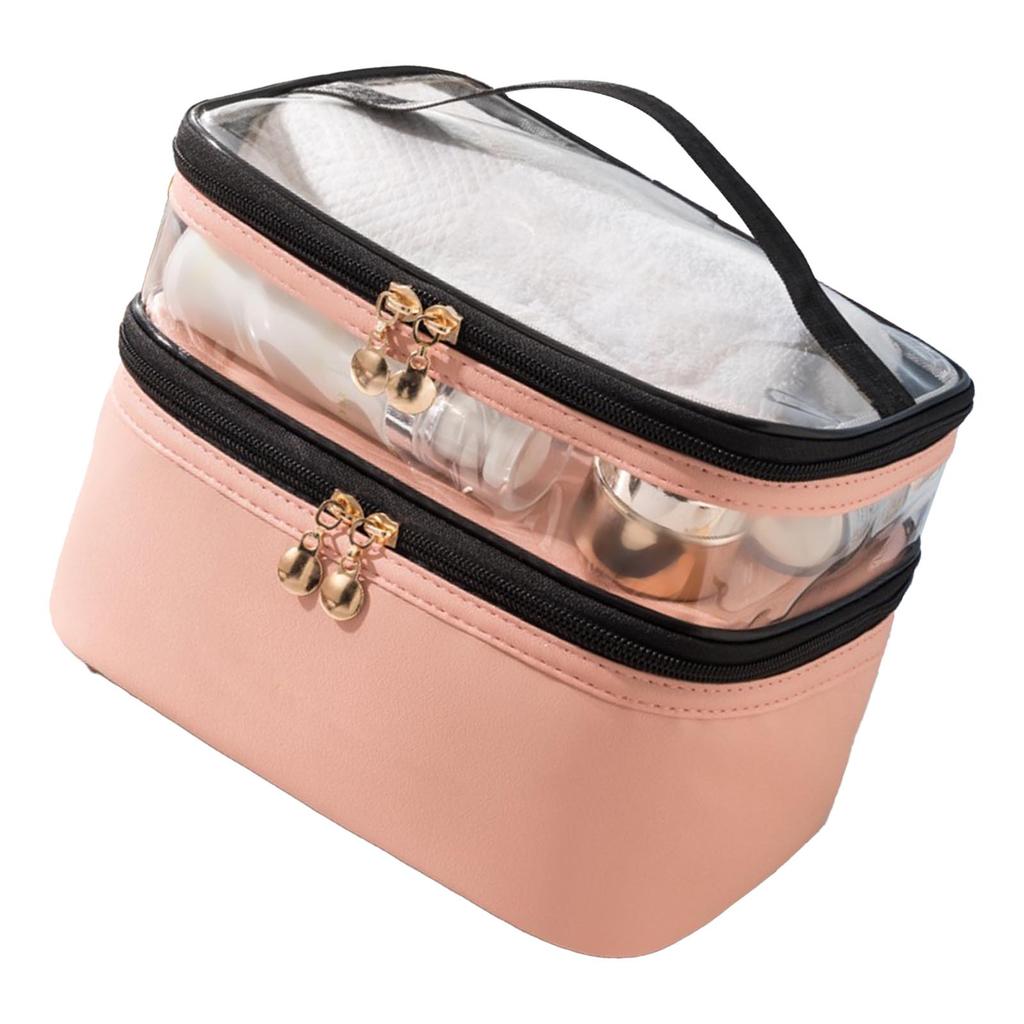Double Layer Makeup Bag with Smooth Zippers Comfortable Handle Waterproof Sealed Travel Cosmetic