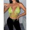 Women Shines Rhinestones Tank Top Halter Body Chain Fishnet Mesh Bra Crop Top Shirt for Night Club Party Raves Outfits
