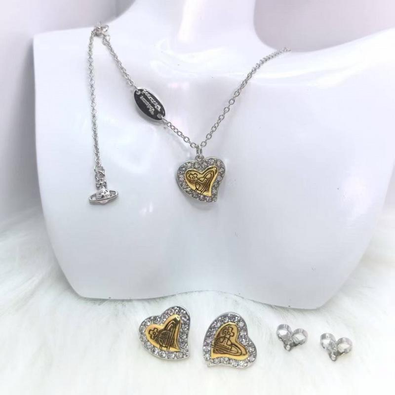 New Style Empress Dowager Heart Necklace & Earrings Set - Elegant, Versatile, High-End Clavicle Chain for Women