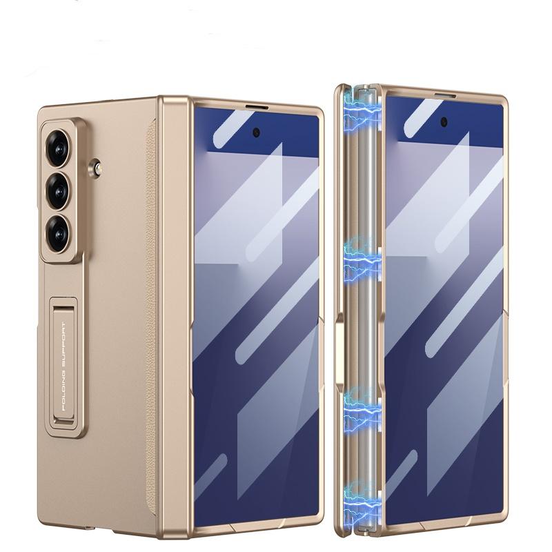 Magnetic Hinge Protection Folding Case For Samsung Galaxy Z Fold 6 7 Stand Cover With Clear Tempered Glass Screen Protector