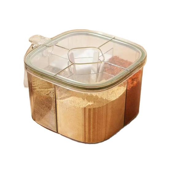 Kitchen Seasoning Jar with Spoon Slot Multi-Compartment Salt Pepper Organizer Transparent Seasoning Box
